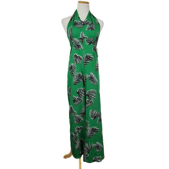 Jumper Women's Small Sleeveless Halter Tie Neck Wide Leg Green Tropical Print - Picture 1 of 9
